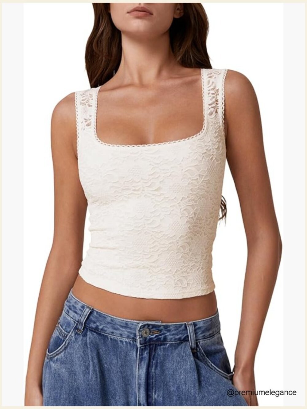 Lace Trim Square Neck Sleeveless Double-Layer Tank Top Slim Fit